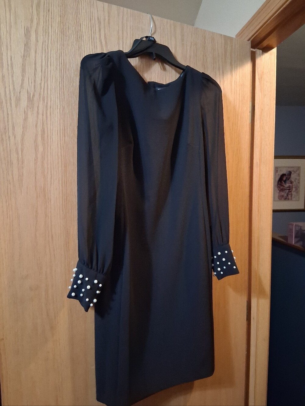 Karl Lagerfeld Paris black dress, beaded pearl stud cuffs, semi sheer sleeves